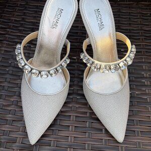 MICHAEL Michael Kors Jessa Mules Silver Glitter Rhinestone Stiletto Heels